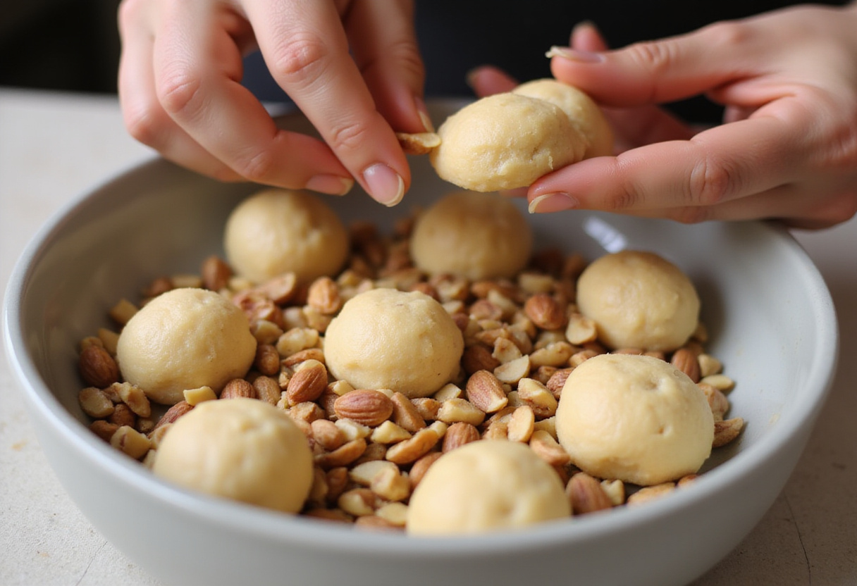 Pignoli Cookie dough balls coated in pignoli nuts.