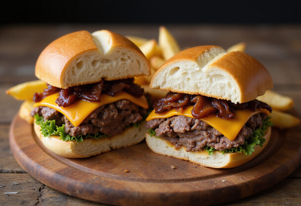 Finished shaved beef sandwich with melted cheese, caramelized onions, and fries.