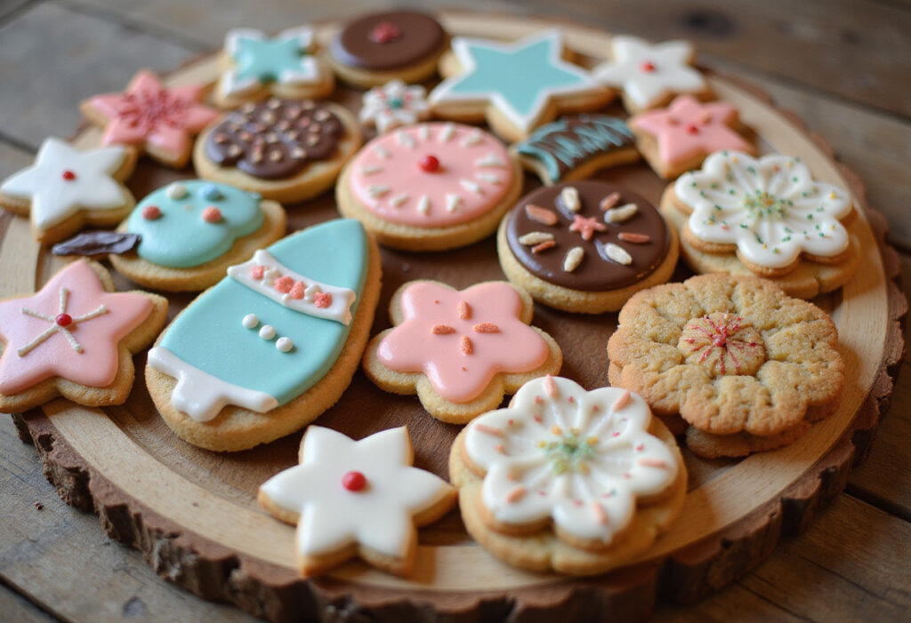Assortment of uniquely decorated homemade cookies on a wooden board