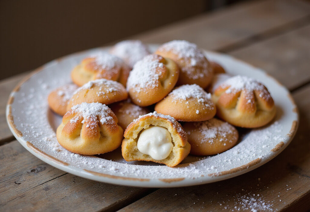 Delicious pignoli cookies dusted with powdered sugar, ready to eat.