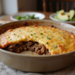 Finished keto beef mince casserole with avocado, ready to eat.
