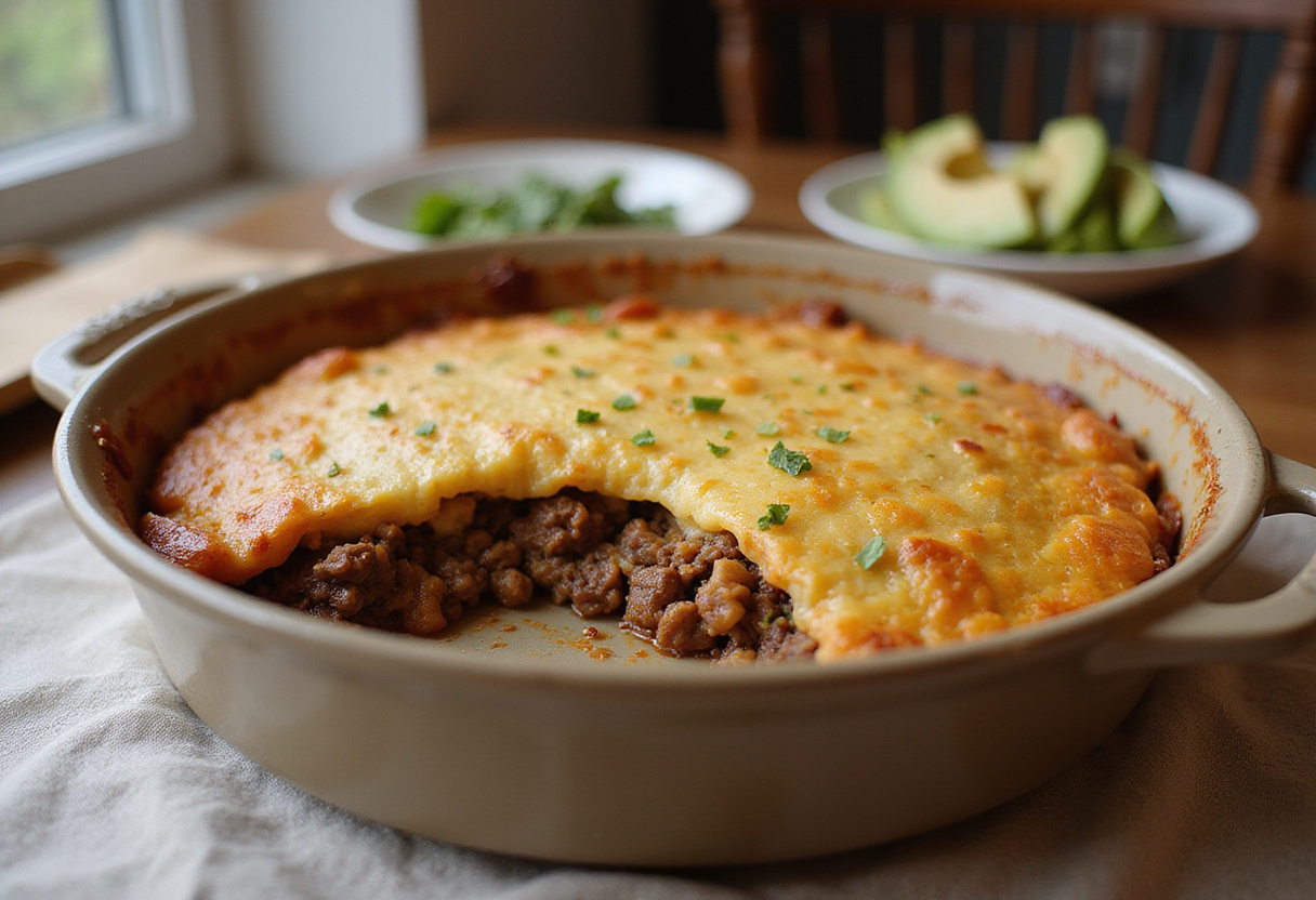 Finished keto beef mince casserole with avocado, ready to eat.