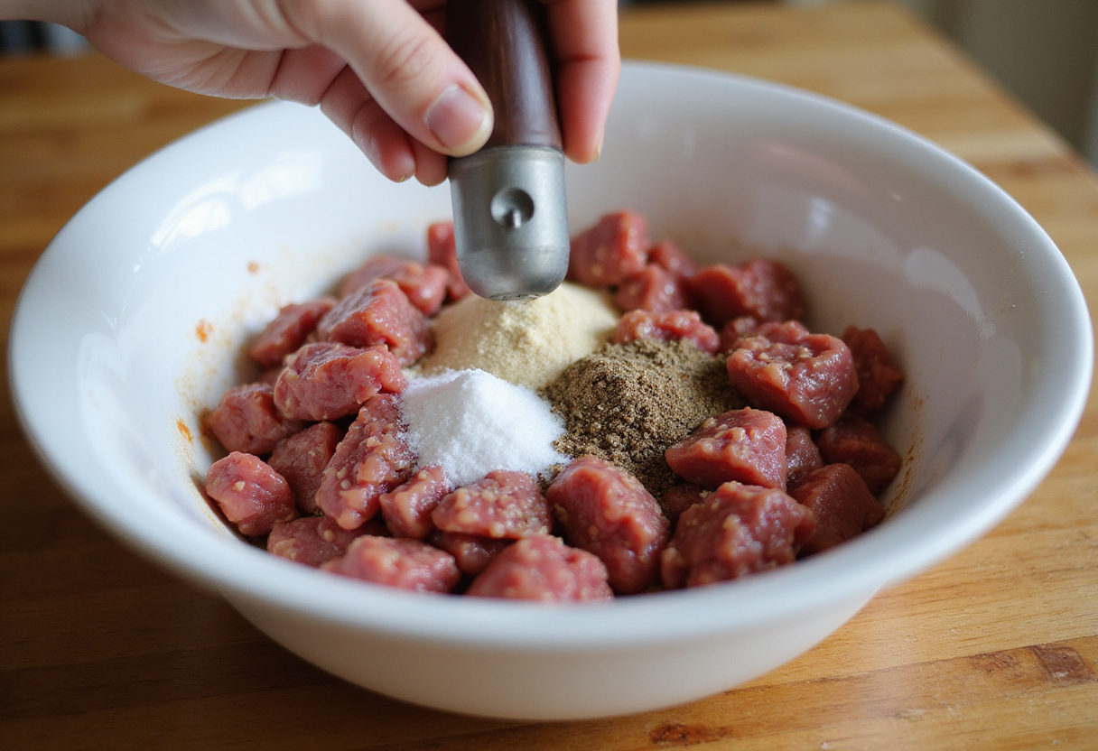 Seasoning ground beef for a keto beef mince recipe.