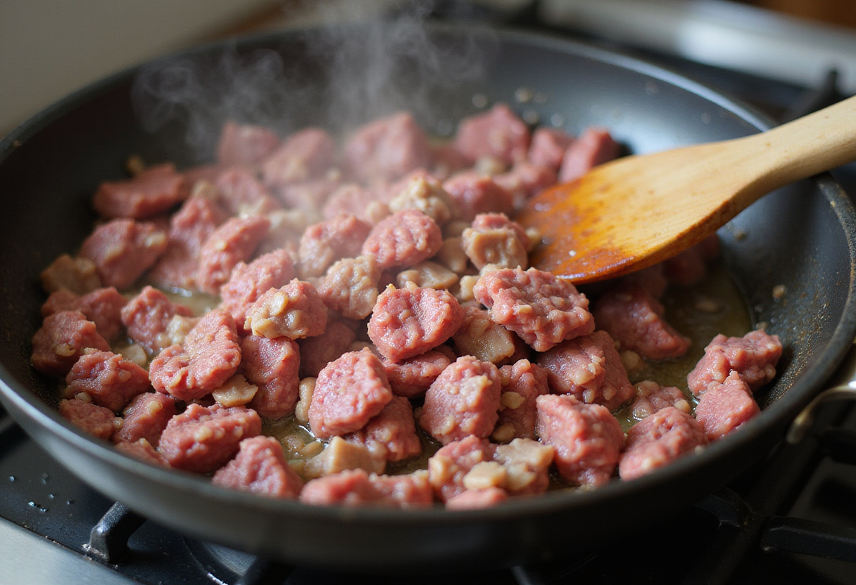 Ground beef browning in skillet for a keto diet meal.