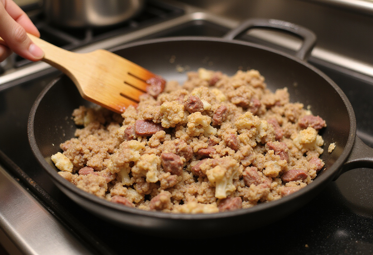 Preparing keto ground beef and cauliflower rice.