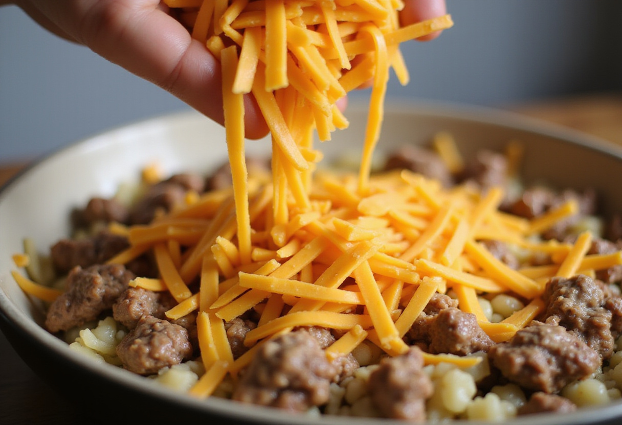 Adding cheddar cheese to keto ground beef casserole.