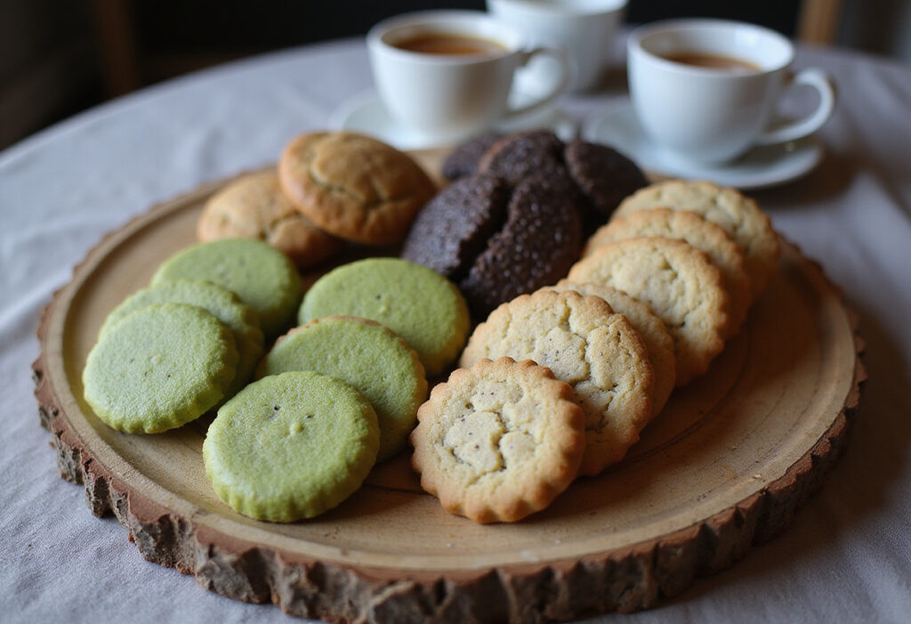 Assorted cookies made with matcha, lavender, sesame seeds, and tahini displayed on a platter.
