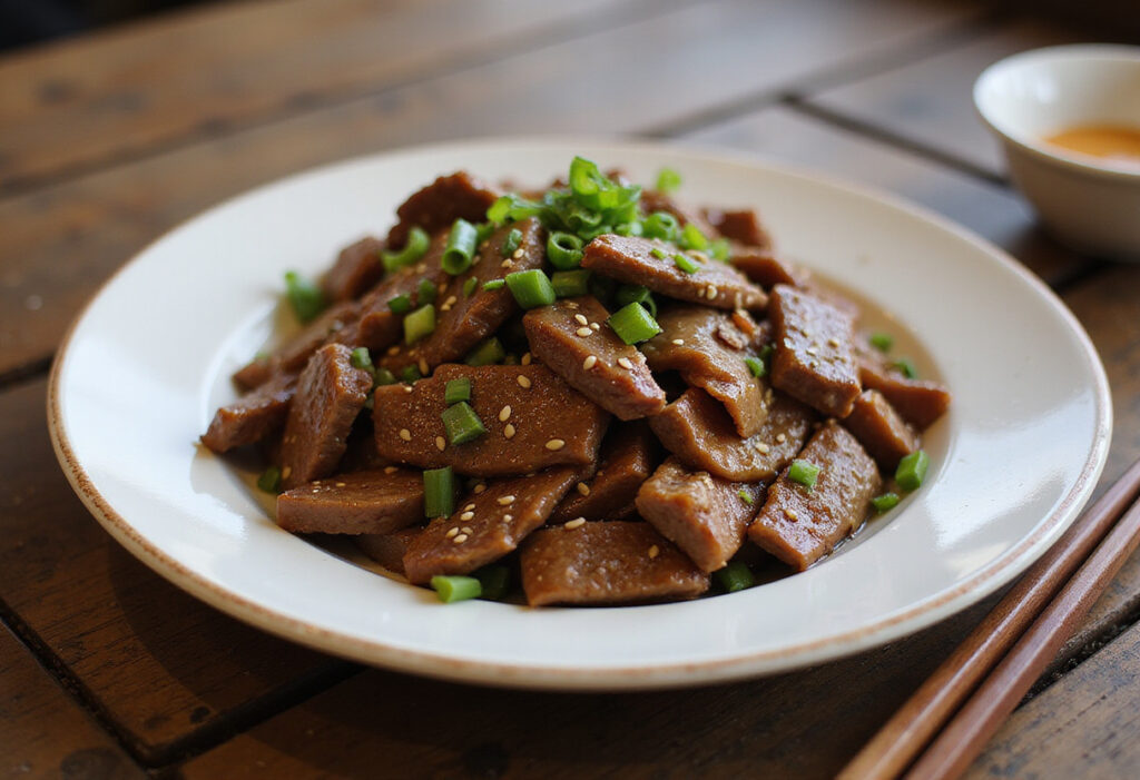 Delicious shaved beef stir-fry with sesame seeds and green onions, ready to eat.