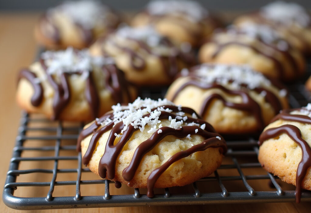 Freshly baked Almond Joy cookies with coconut and chocolate drizzle.