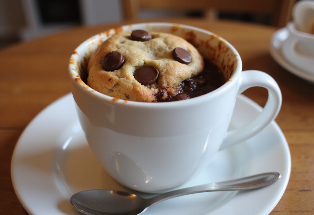 Delicious chocolate chip mug cookie ready to be enjoyed.