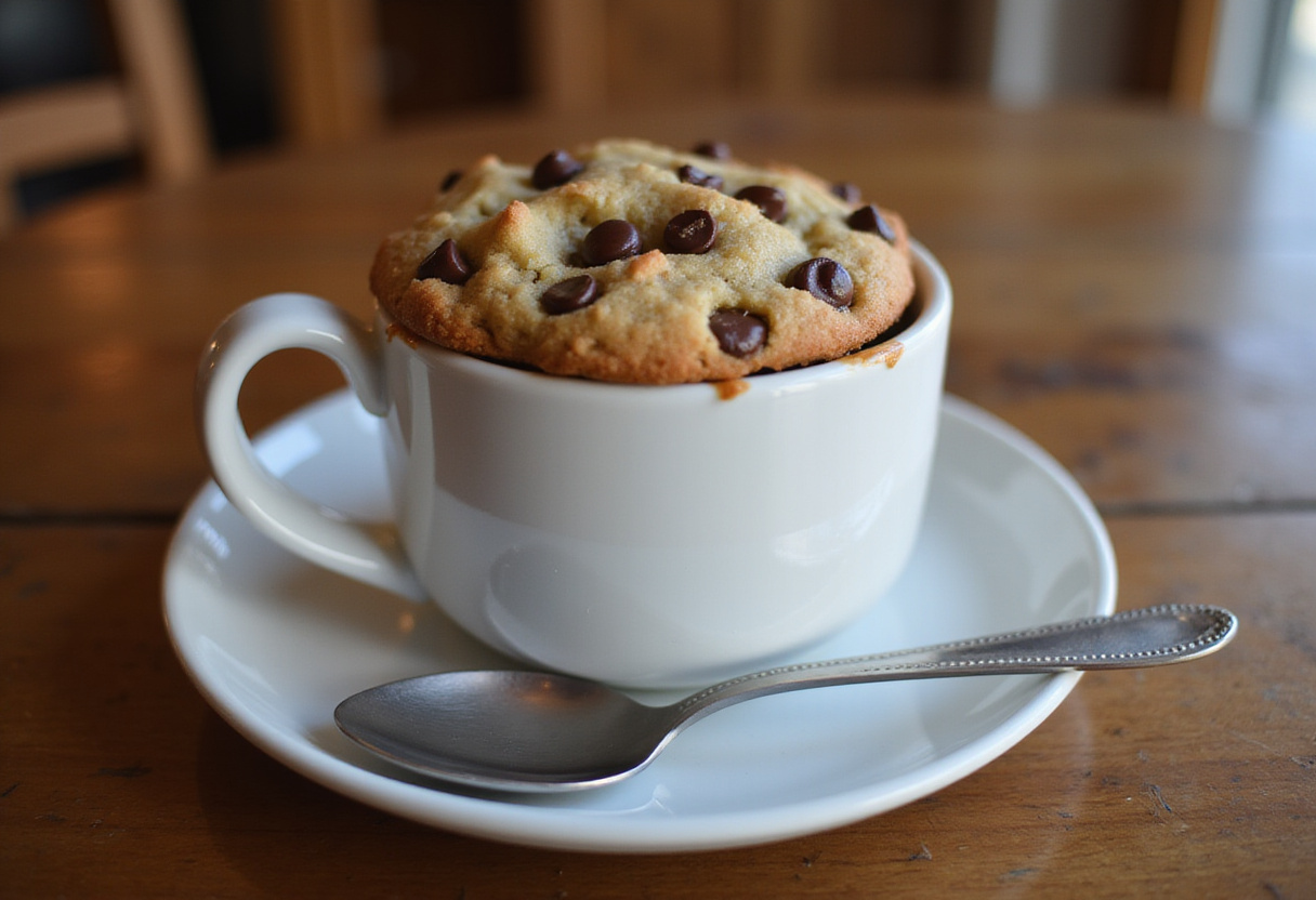 Delicious chocolate chip mug cookie ready to be enjoyed.