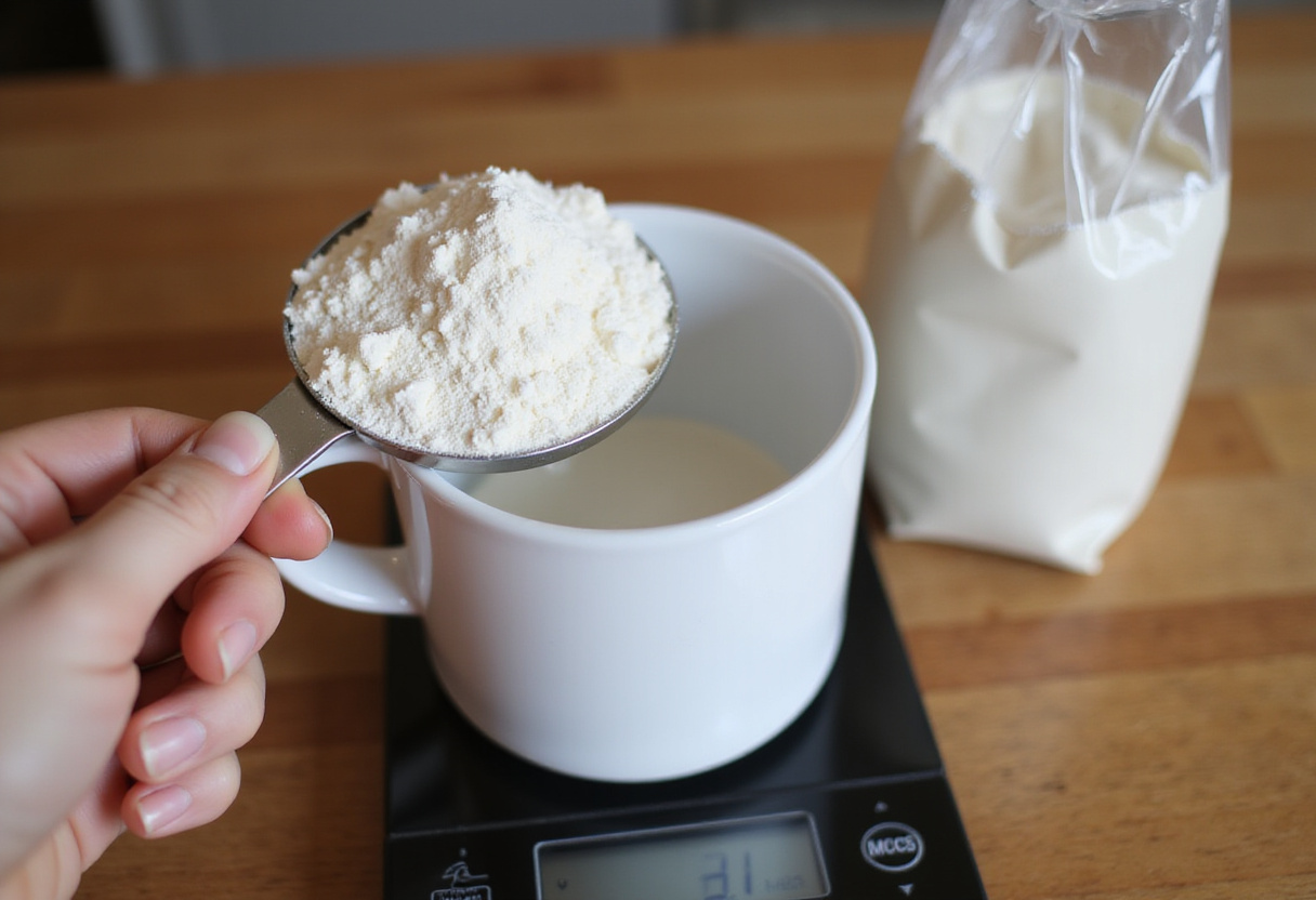Measuring flour for a quick mug cookie recipe.