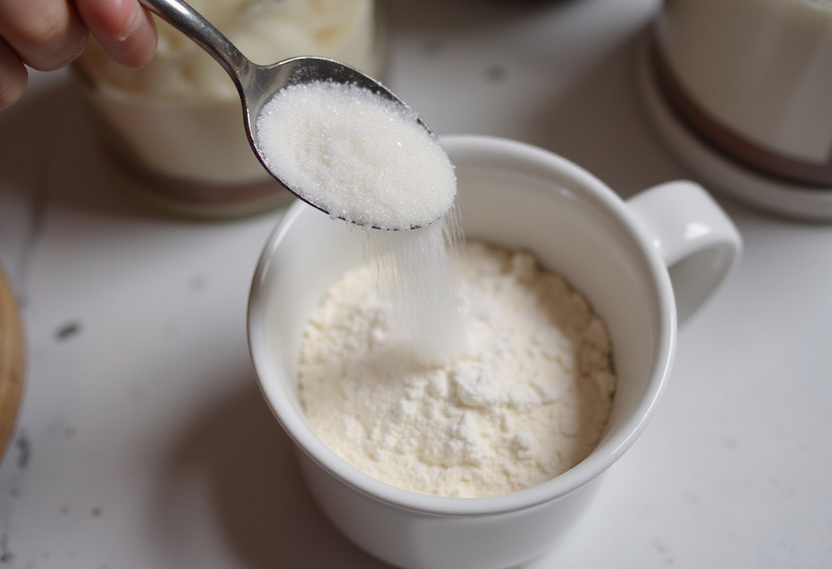 Adding sugar to flour in a mug for making a mug cookie.