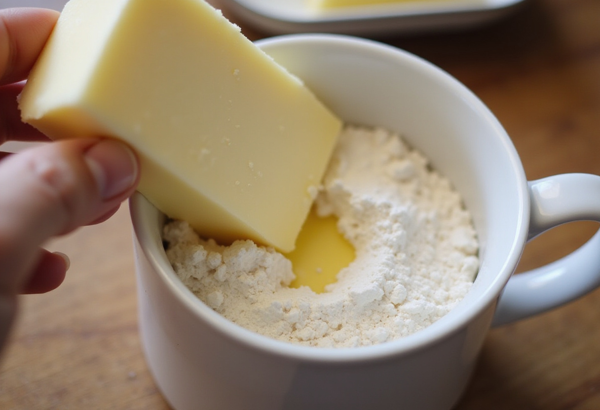 Adding butter to the dry ingredients for a mug cookie.