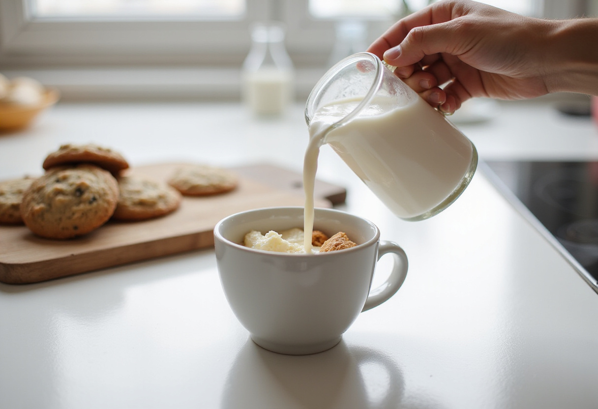 Pouring milk into a mug for a single-serving cookie.