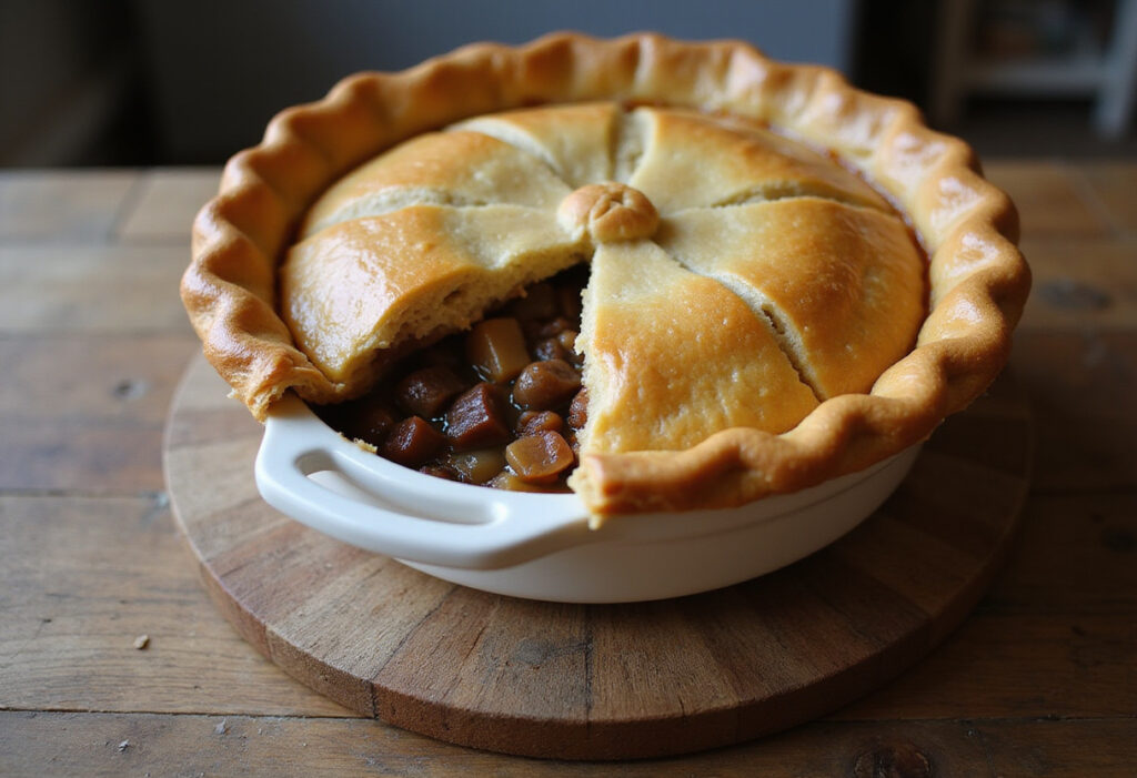 Delicious homemade beef pot pie with a golden crust, ready to serve.