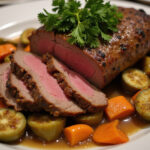 Perfectly cooked beef shoulder roast with vegetables and gravy.