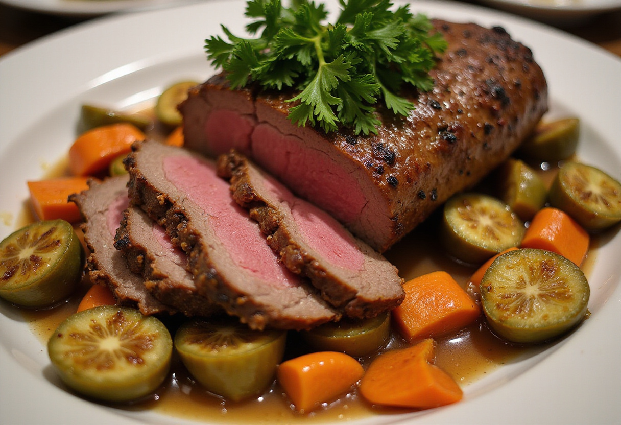 Perfectly cooked beef shoulder roast with vegetables and gravy.