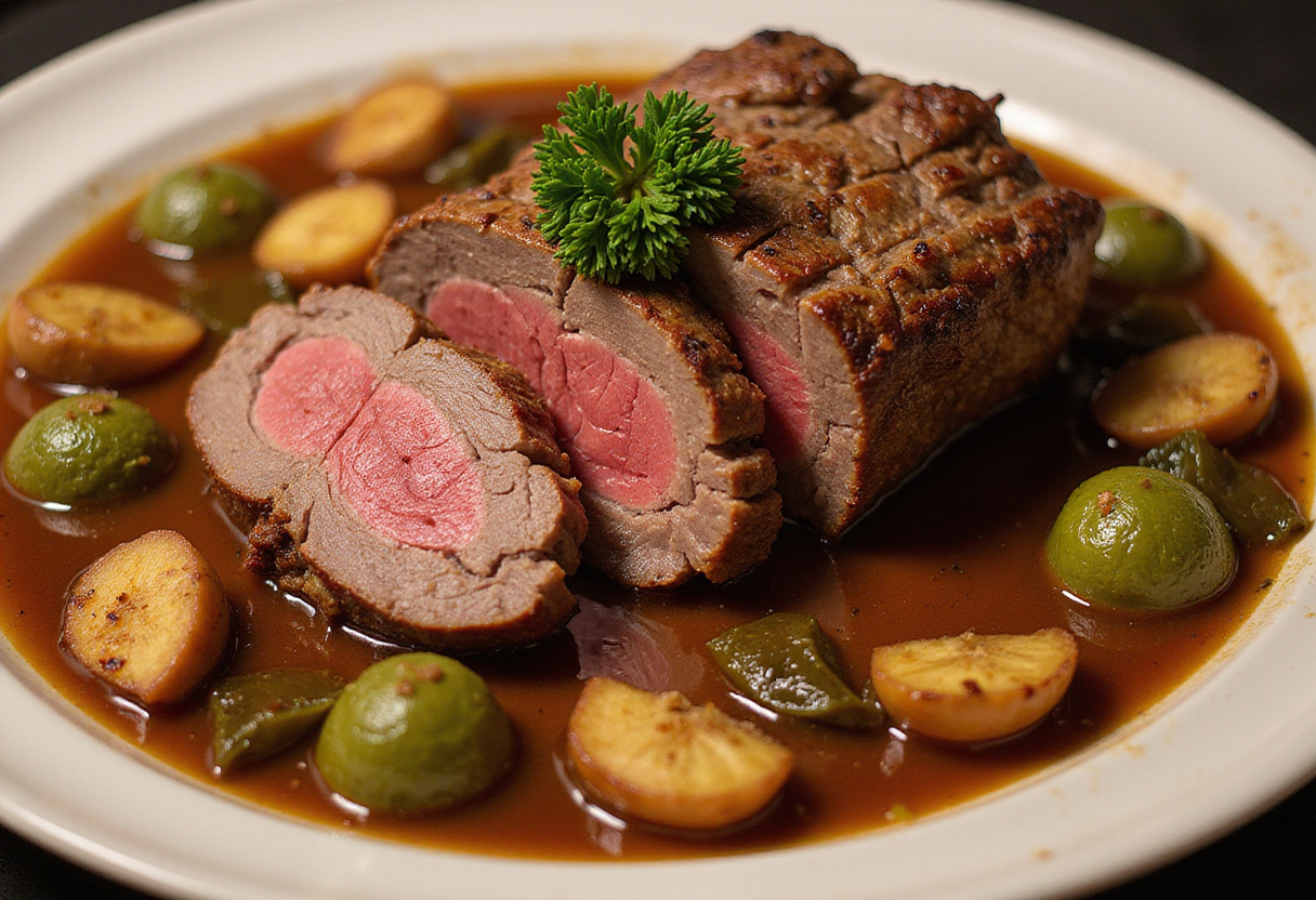 Perfectly cooked beef shoulder roast with vegetables and gravy.
