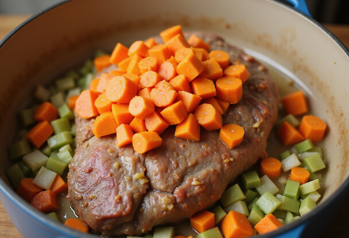 Adding vegetables to beef shoulder roast in a Dutch oven.