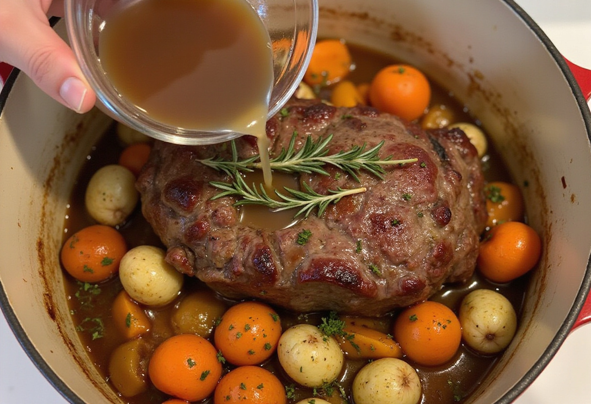 Beef broth being poured over beef roast and vegetables.