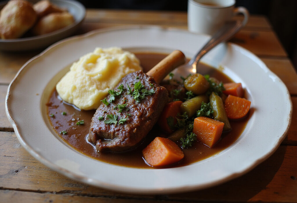 Deliciously braised beef shank with mashed potatoes and vegetables on a rustic plate, perfect for a comforting dinner.