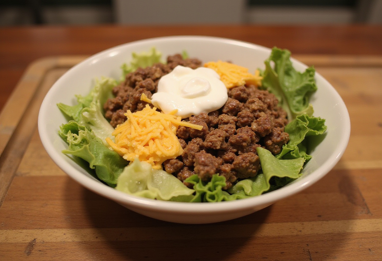 Delicious taco salad featuring 3-ingredient ground beef, perfect for a quick meal.
