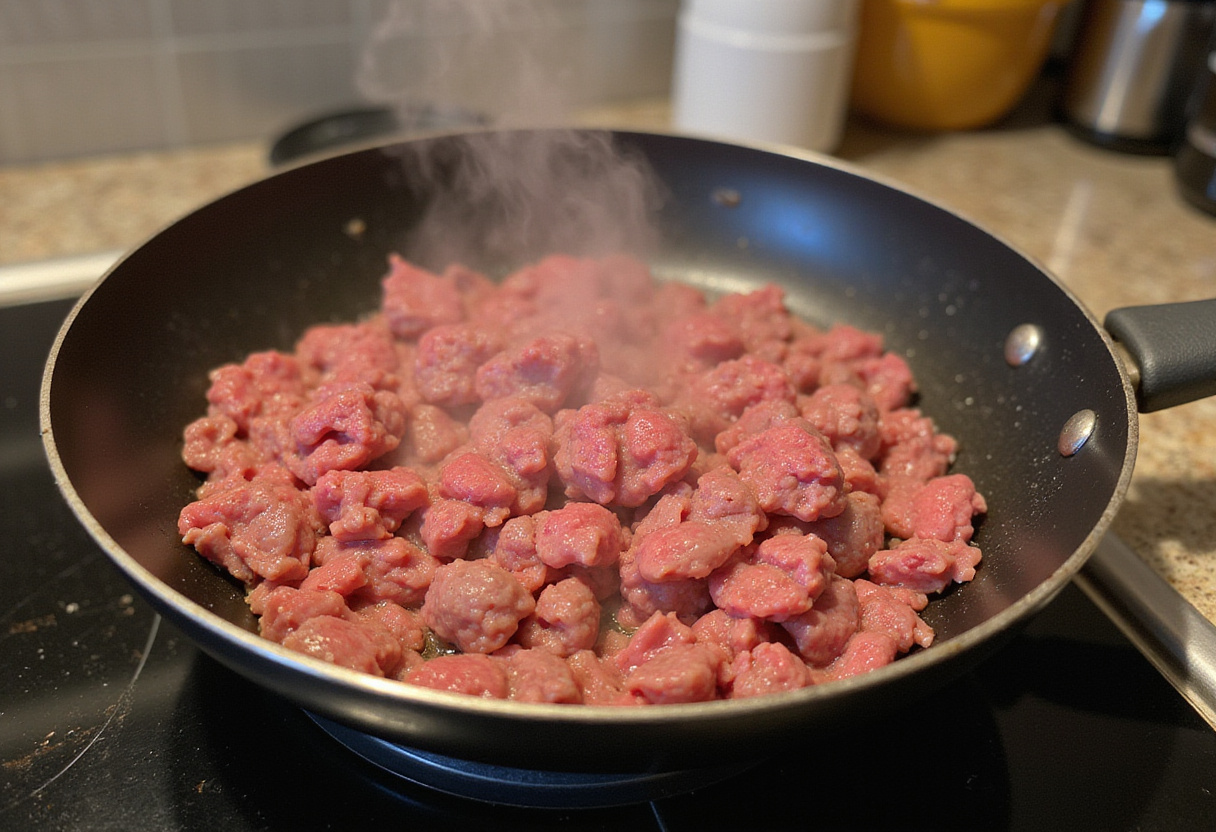 Ground beef browning in a skillet for a 3-ingredient recipe.