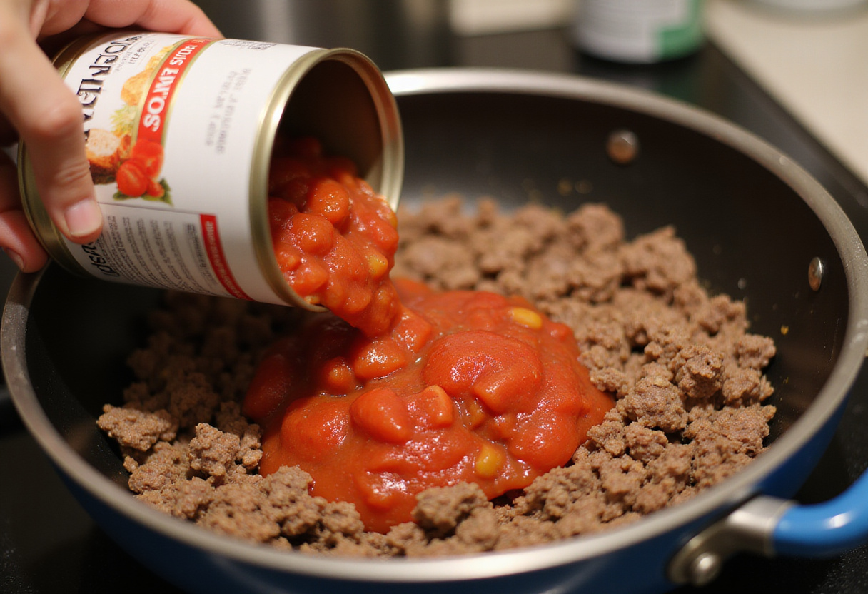 Adding diced tomatoes to browned ground beef for easy recipe.