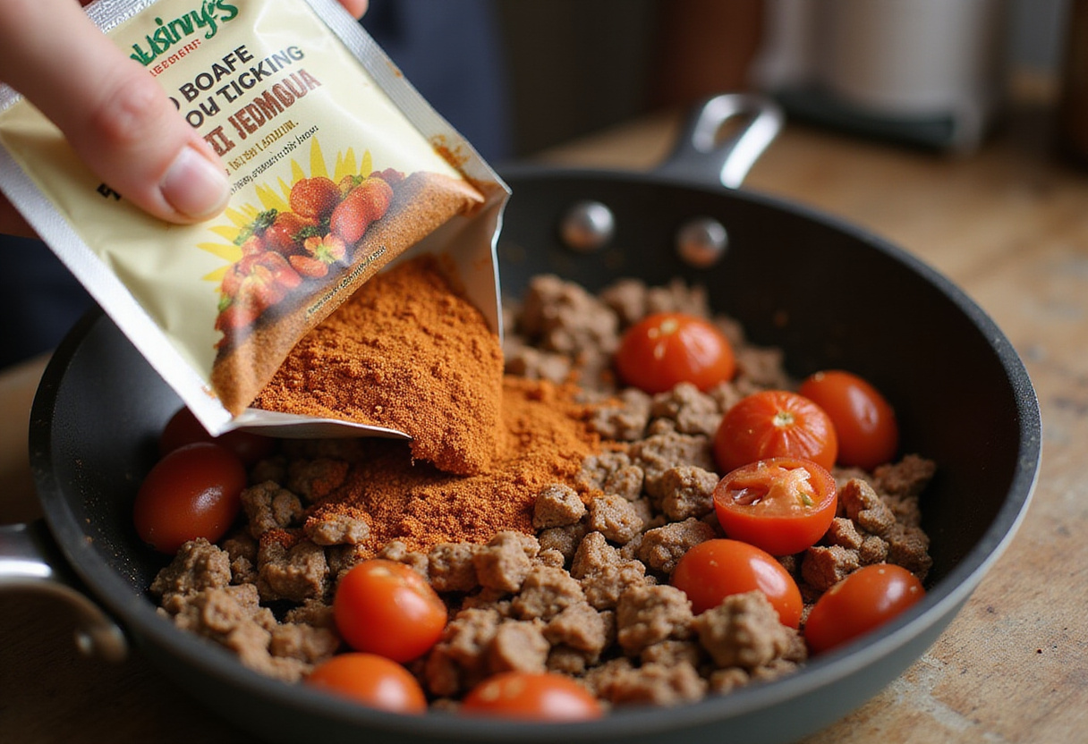 Adding taco seasoning to ground beef and tomatoes for a 3-ingredient taco meat.