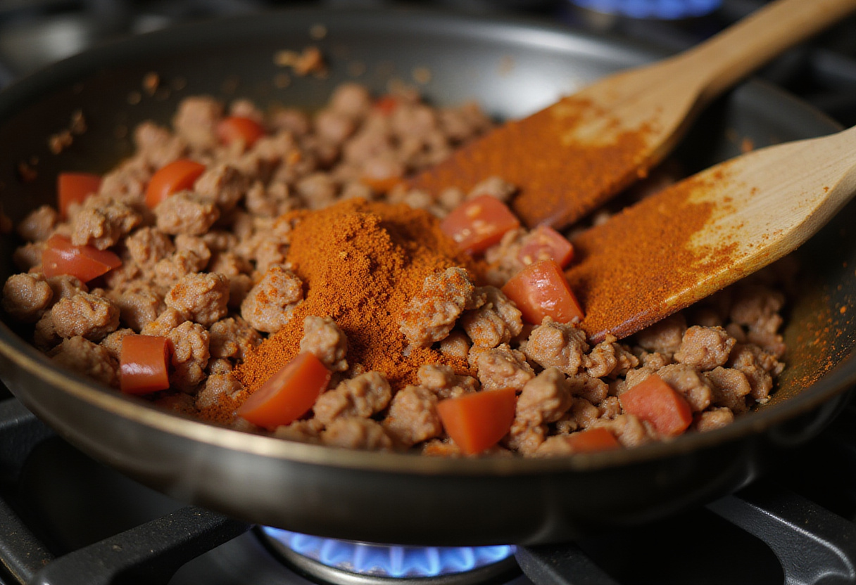 Simmering taco meat made with ground beef, tomatoes, and taco seasoning.