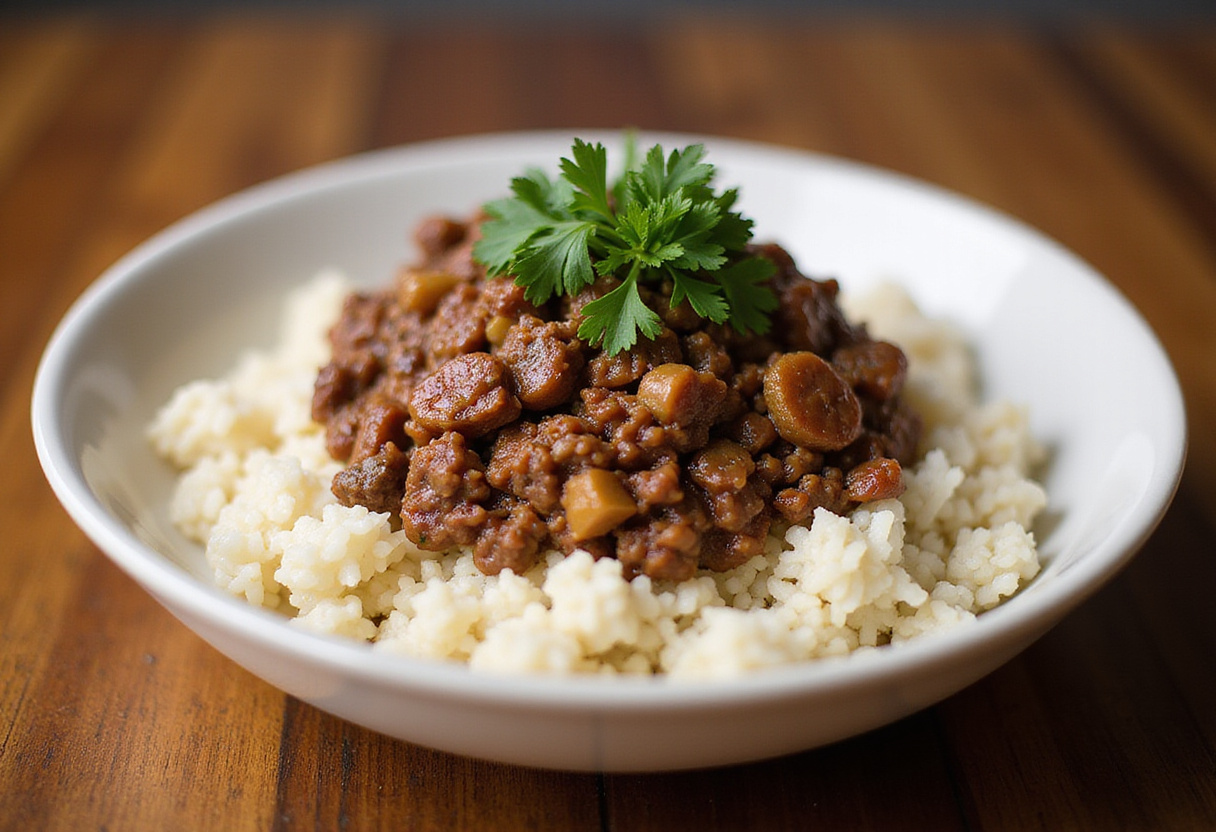 3 ingredient ground beef served over rice, easy and delicious.