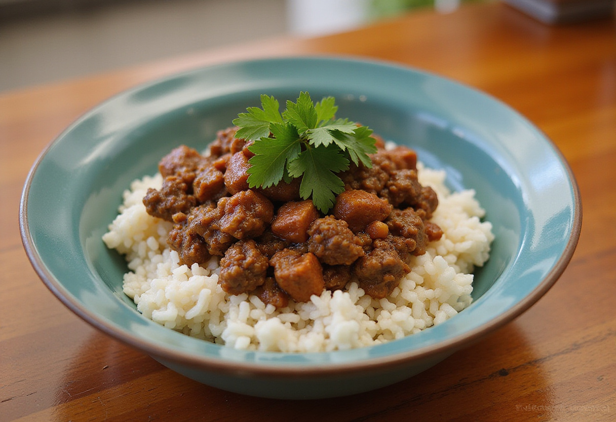 3 ingredient ground beef served over rice, easy and delicious.