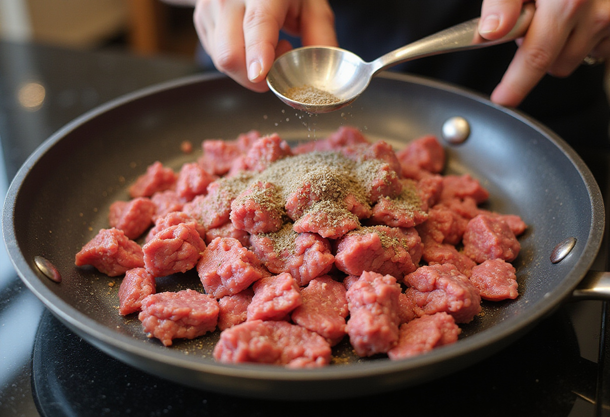 Ground beef being seasoned in a skillet for simple recipe.