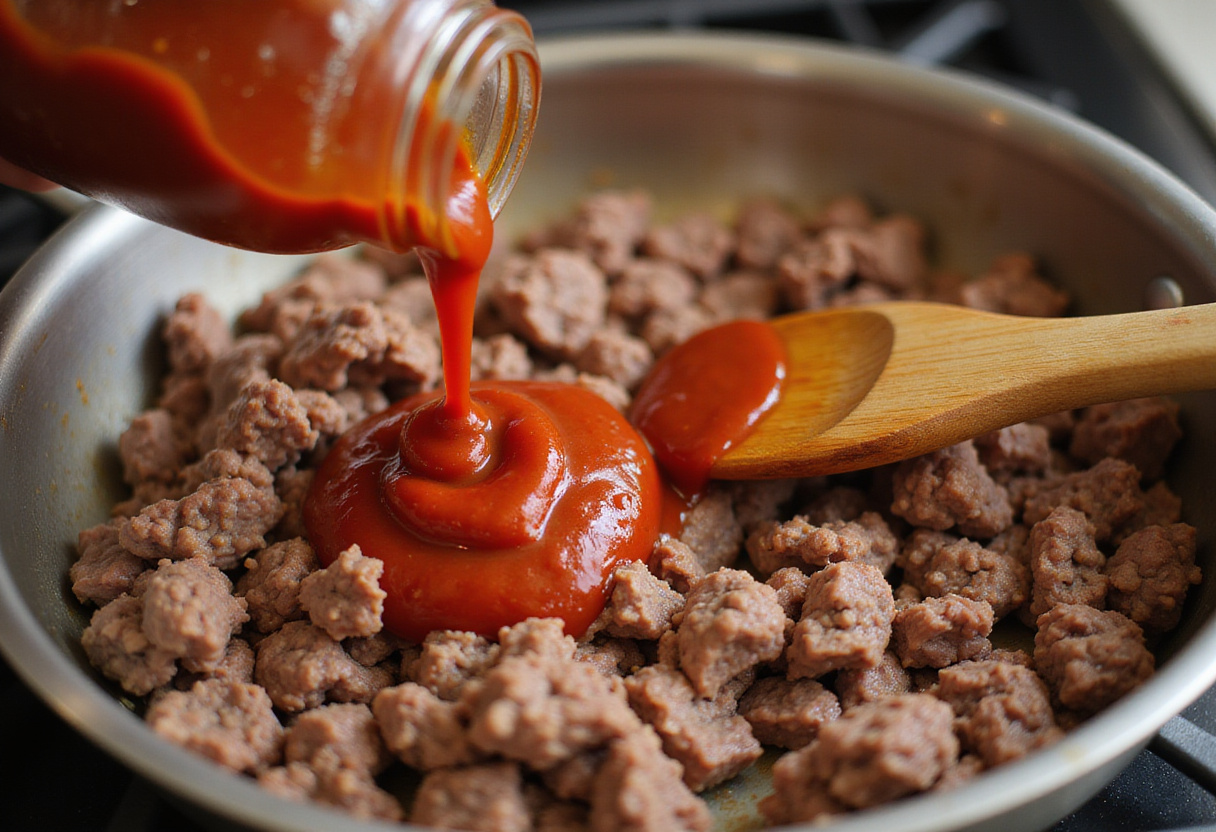 Adding tomato sauce to ground beef in a skillet.