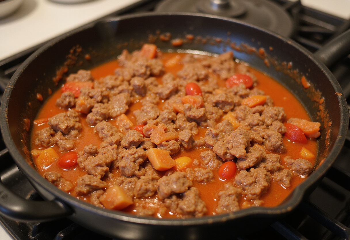 Simmering the 3 ingredient ground beef recipe.