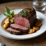 Deliciously cooked beef striploin steak recipe served with vegetables.