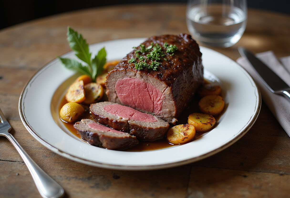 Deliciously cooked beef striploin steak recipe served with vegetables.
