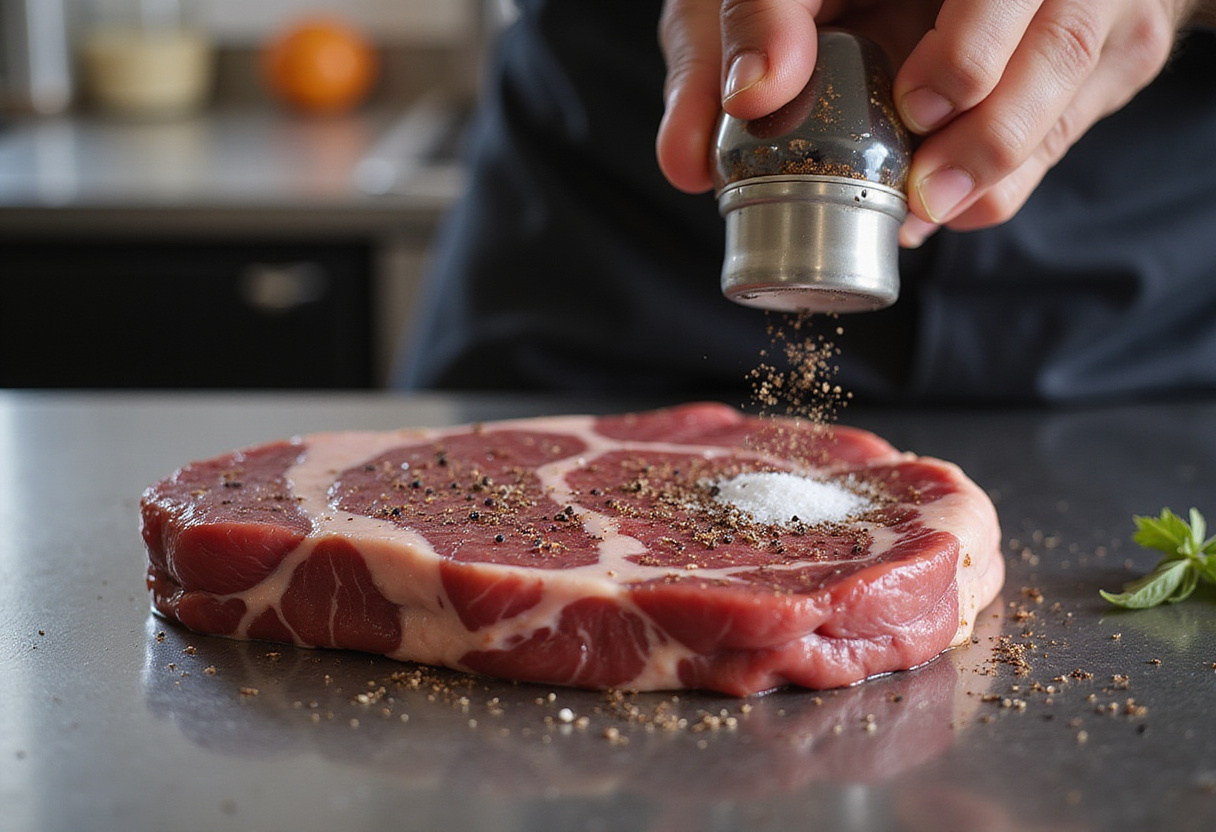 Seasoning striploin steak with salt and pepper for homemade steak recipe.