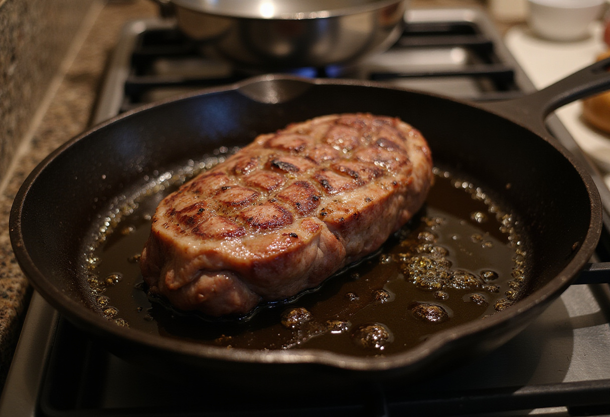 Searing striploin steak in a cast iron skillet for the best flavor.