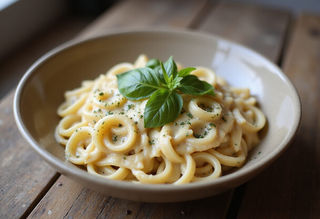 Creamy homemade Boursin cheese pasta garnished with fresh herbs.