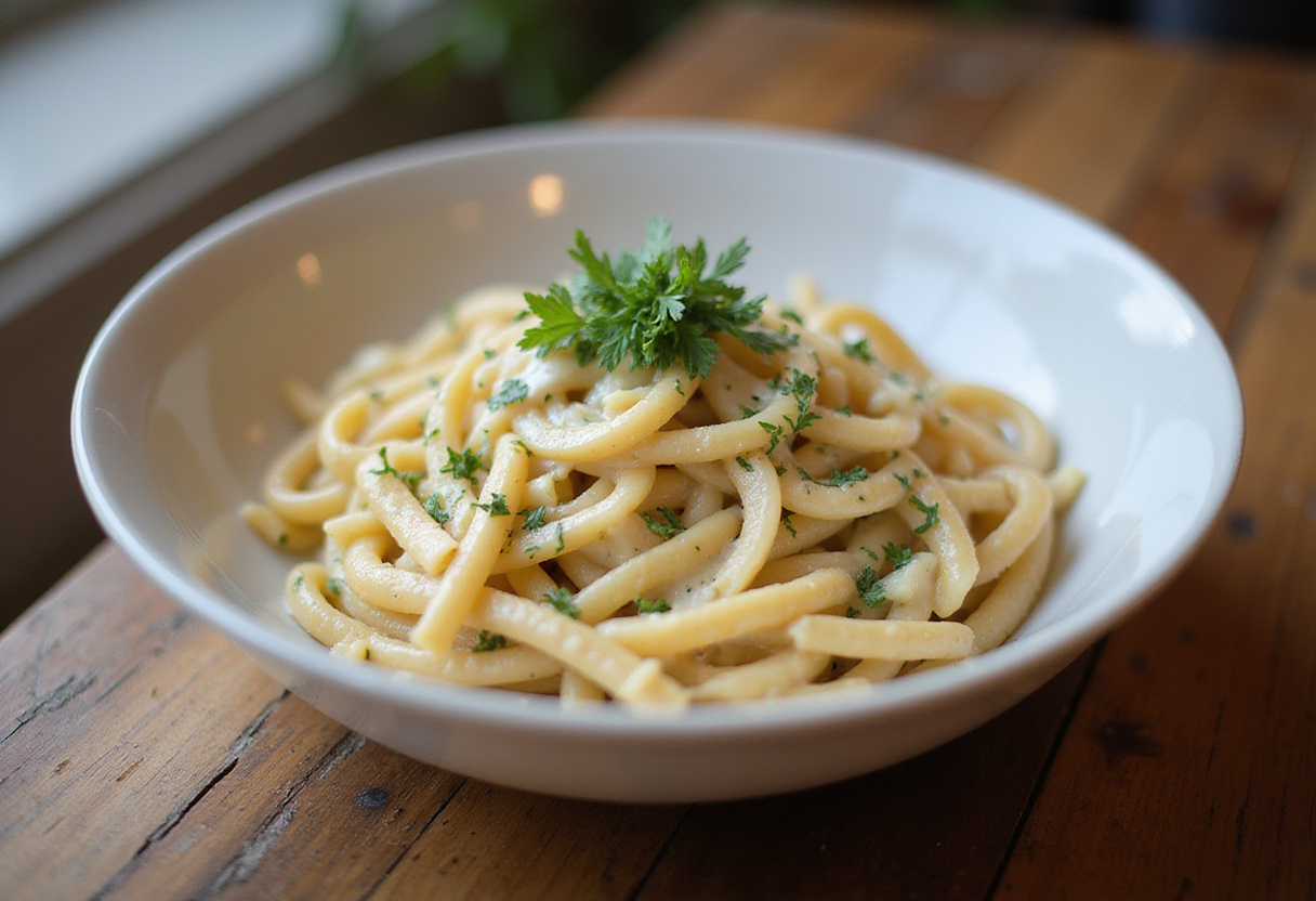 Creamy homemade Boursin cheese pasta garnished with fresh herbs.