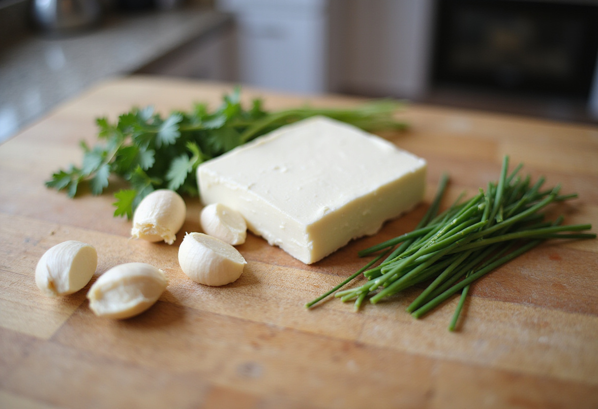 Ingredients laid out for making Boursin cheese pasta at home.