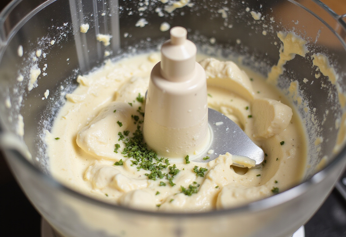 Mixing Boursin cheese ingredients in a food processor for pasta.