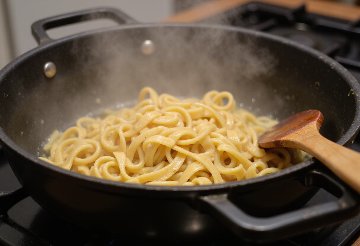 Pasta boiling on the stove for homemade Boursin cheese pasta.