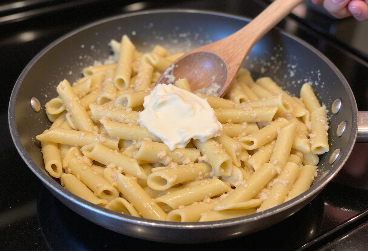 Homemade Boursin cheese being stirred into pasta on the stove.