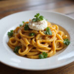 Plated Boursin pasta garnished with parsley and extra cheese.