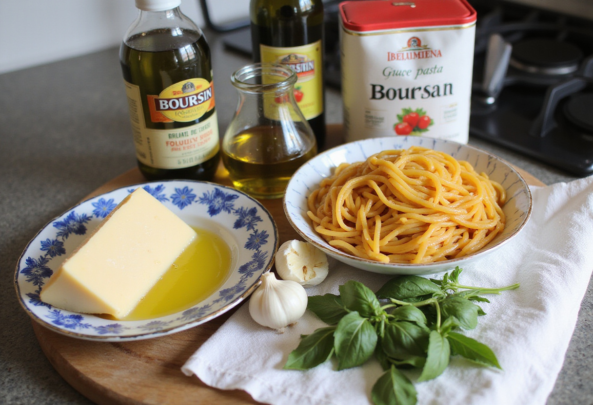 Ingredients for Boursin pasta recipe laid out on a kitchen counter.