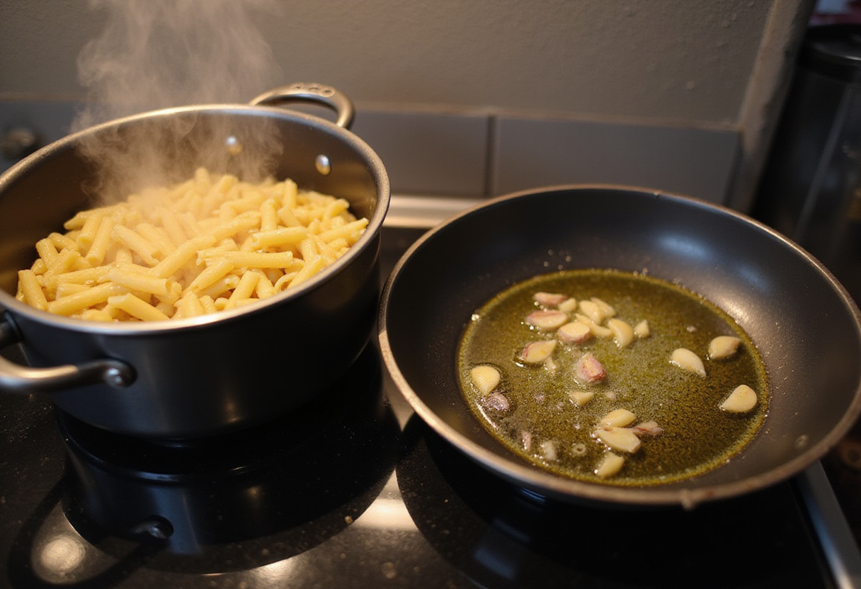 Pasta boiling on a stove for Boursin pasta recipe.