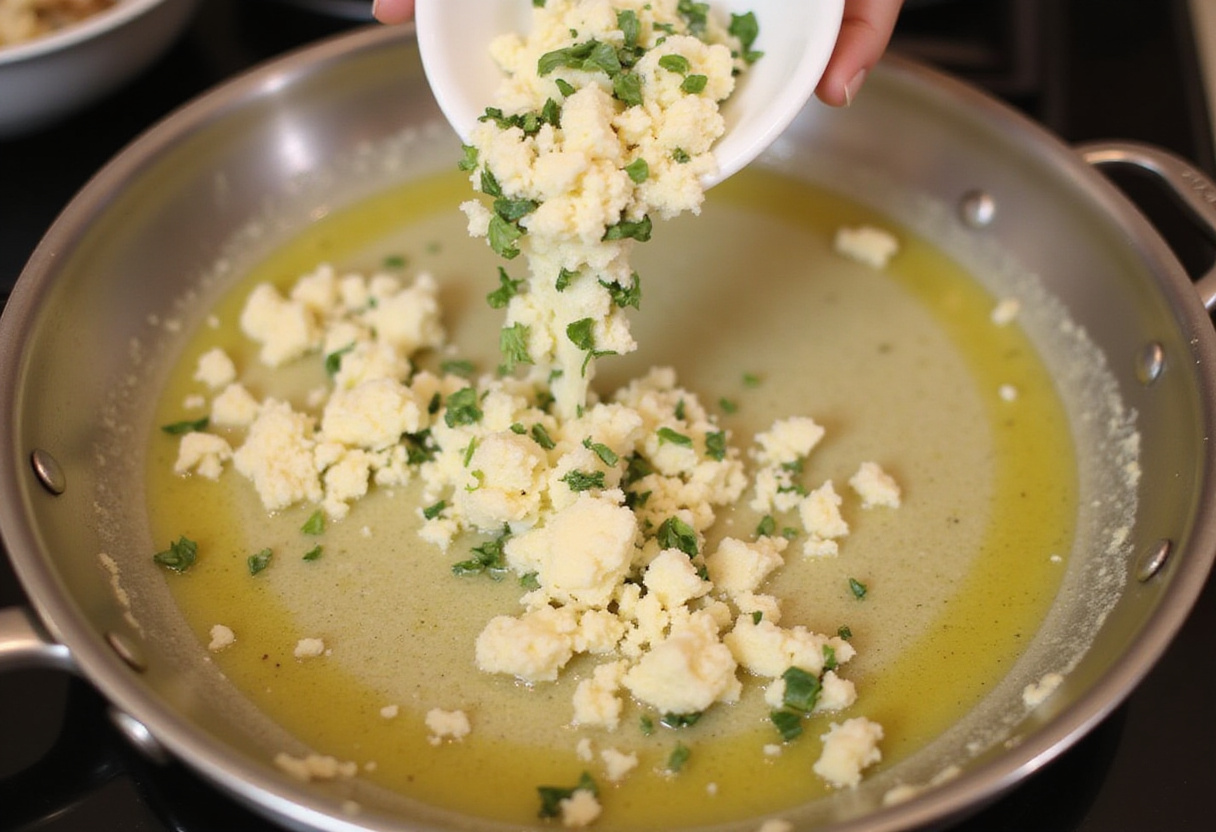 Boursin cheese melting in a skillet with garlic and herbs for pasta sauce.